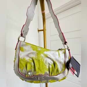 Indie Sleeze Metallic Y2K Leather‎ Shoulder Bag Green Silver Front Bling Accent